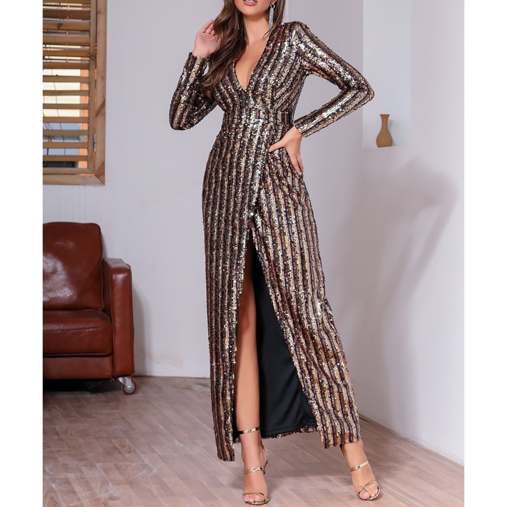 Gold Black Striped Sequin Split Thigh Wrap Dress - Picture 7 of 12